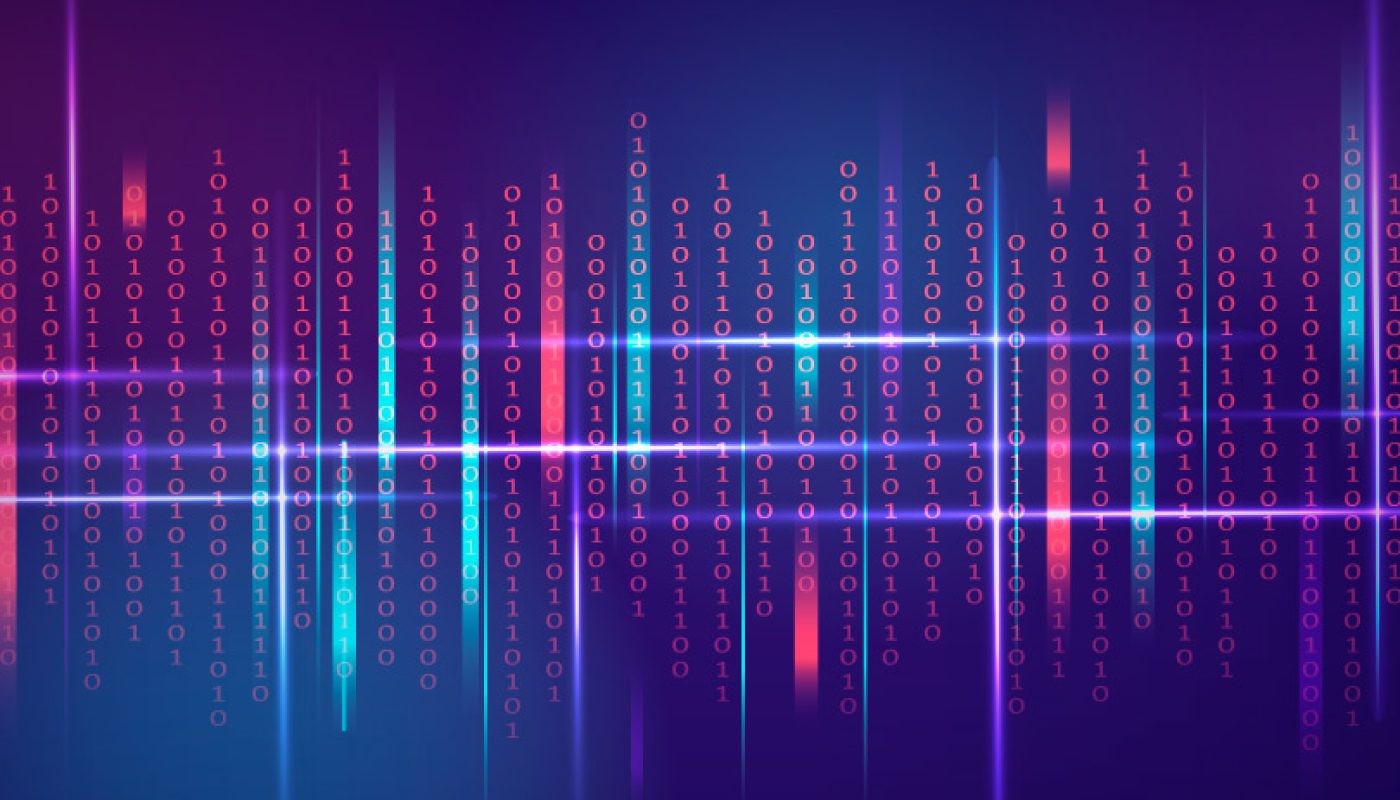 abstract brightly coloured tech image comprised of 1s and 0s