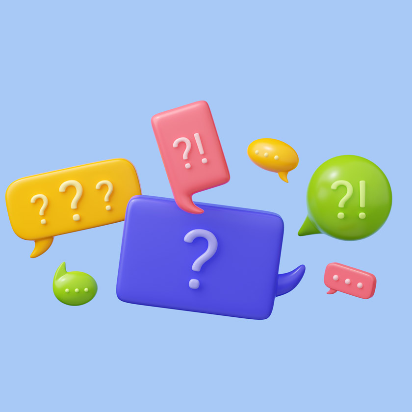 Cartoony 3D graphics of questions marks and speech bubbles