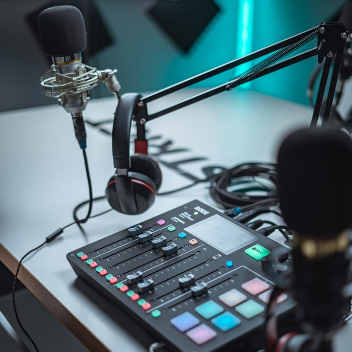Podcast studio setup including two mics, headphones and mixer