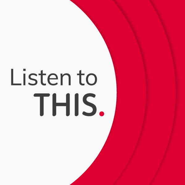 Listen to THIS logo featuring black text on a white background with a bright red semicircle on the right side